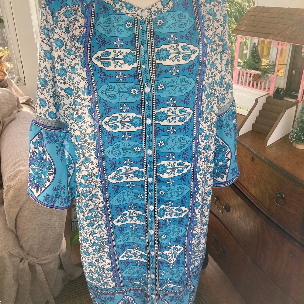 Caftan Muu Muu Long House Dress Blue Spandex sz XL